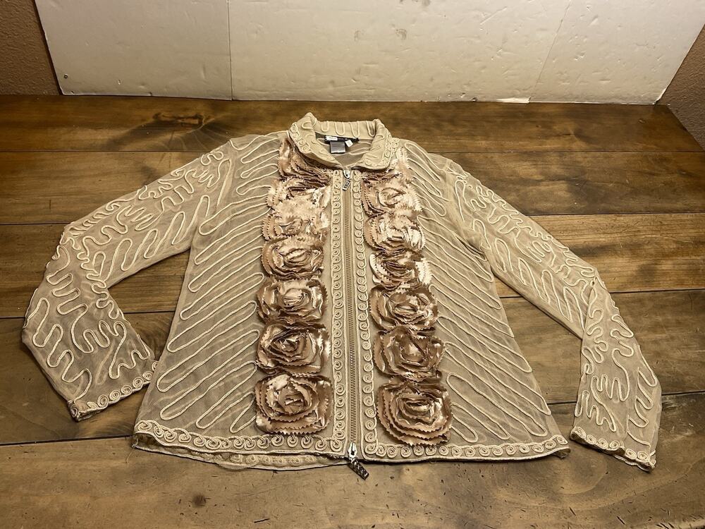 DAMEE, Inc Mesh Structured Zip Up Silky Rose Jacket Top Champagne Size Large